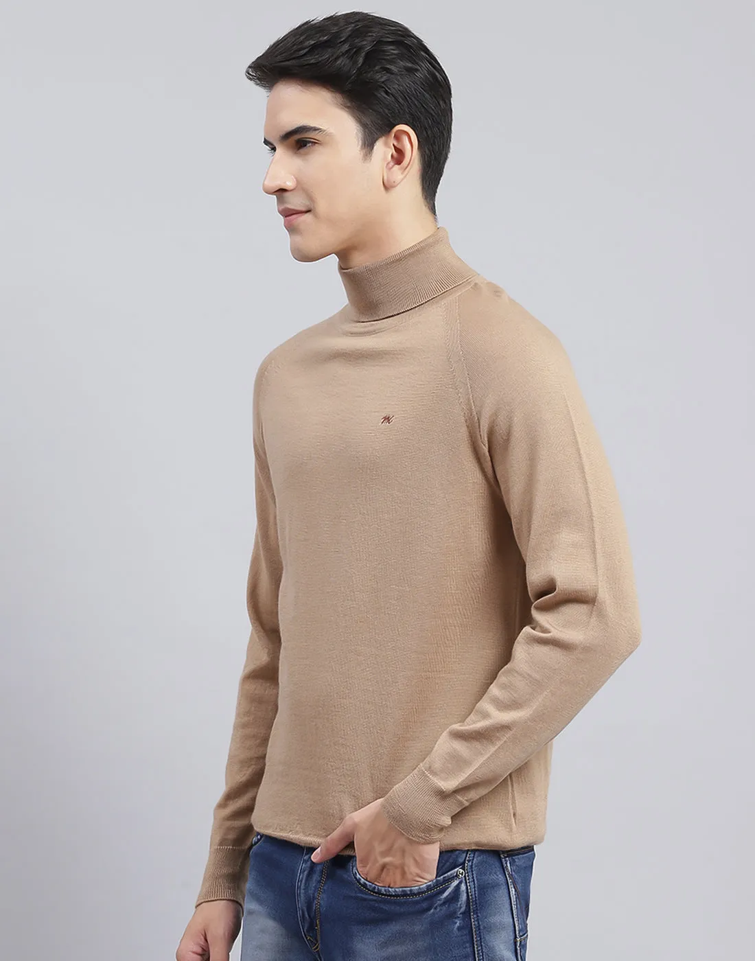 Men Camel Brown Solid High Neck Full Sleeve Pullover