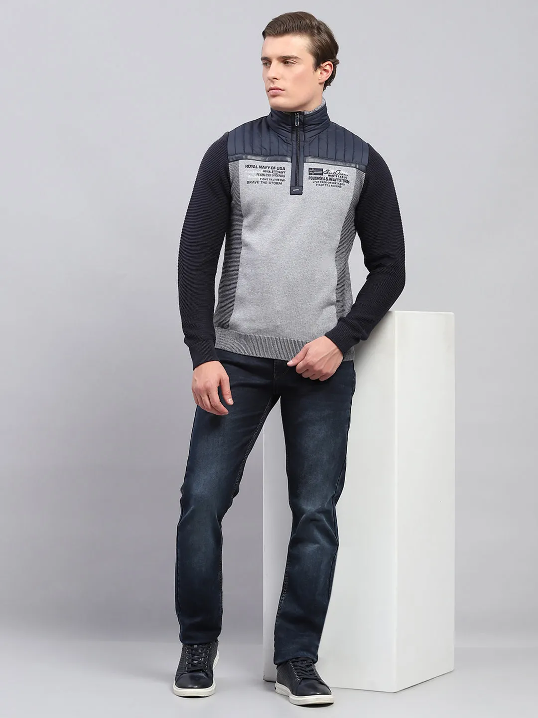 Men Navy Blue Printed Mock Neck Full Sleeve Pullover