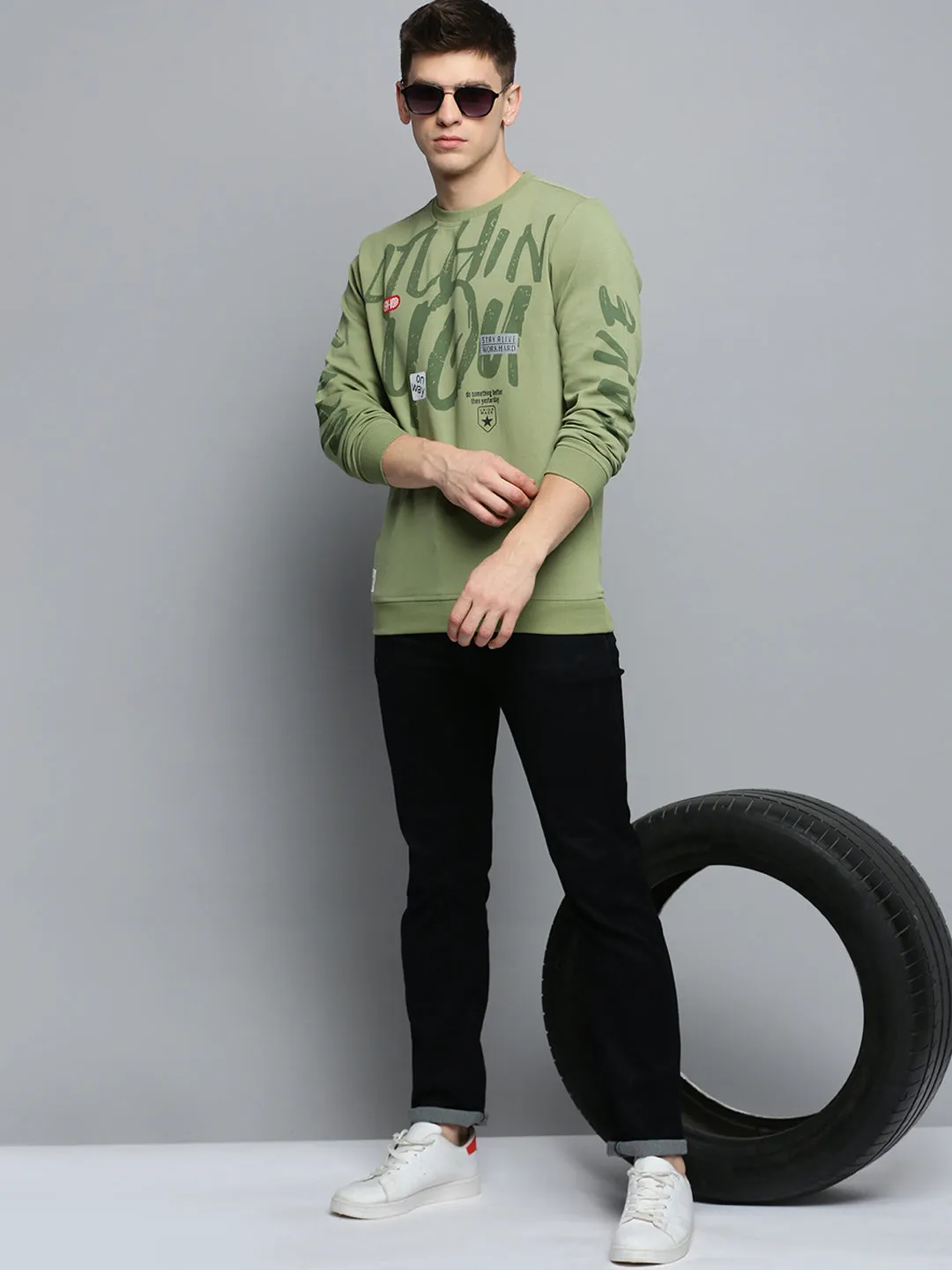 Men Round Neck Printed Green Pullover