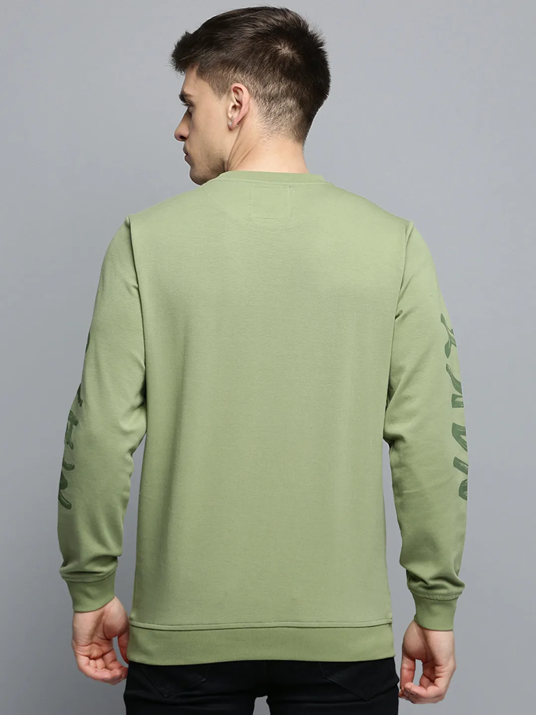 Men Round Neck Printed Green Pullover