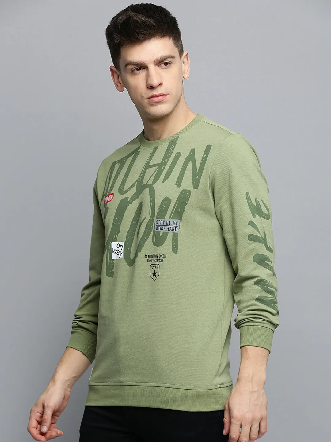 Men Round Neck Printed Green Pullover