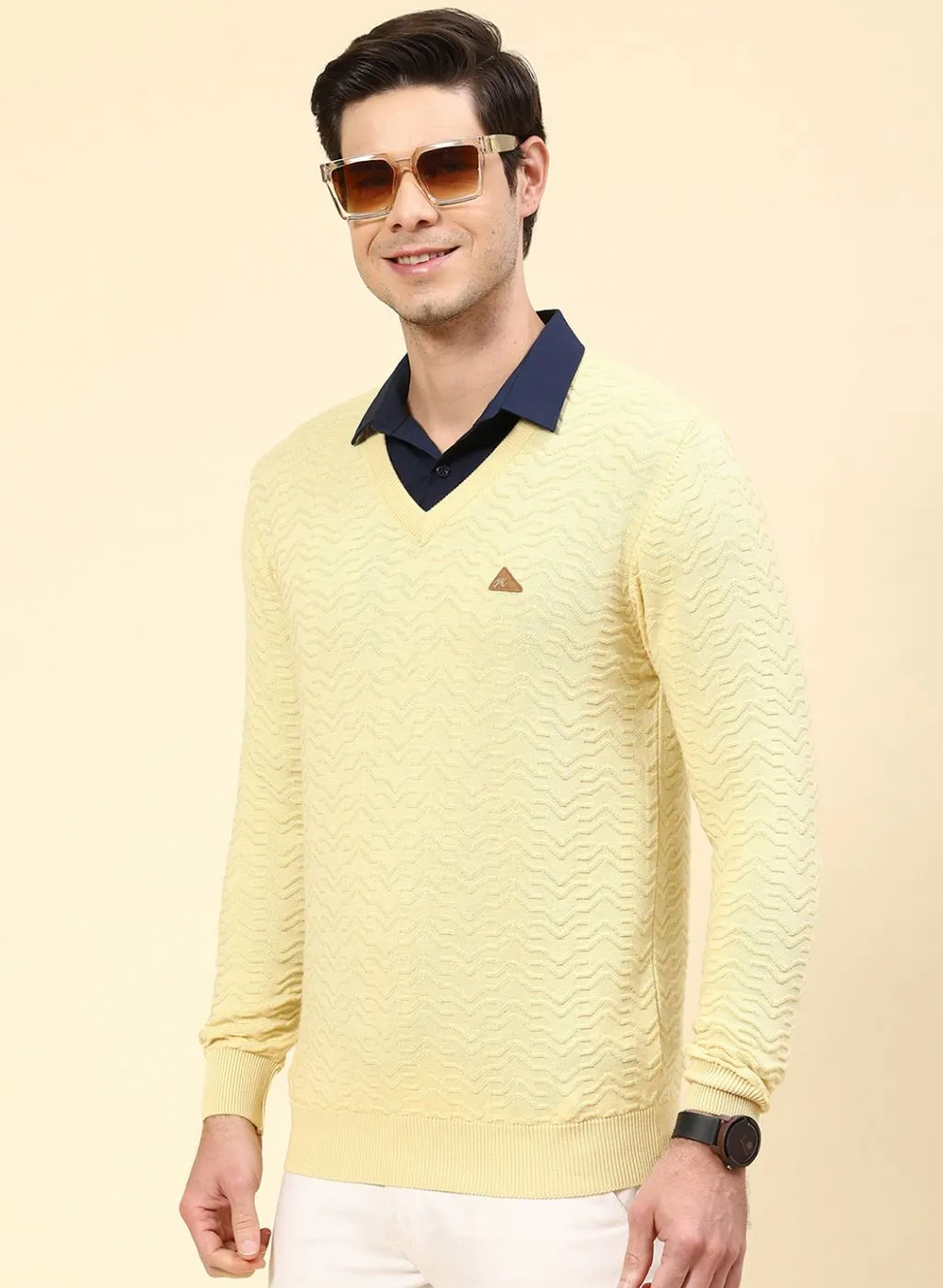 Men Yellow Self Design Pure wool Pullover