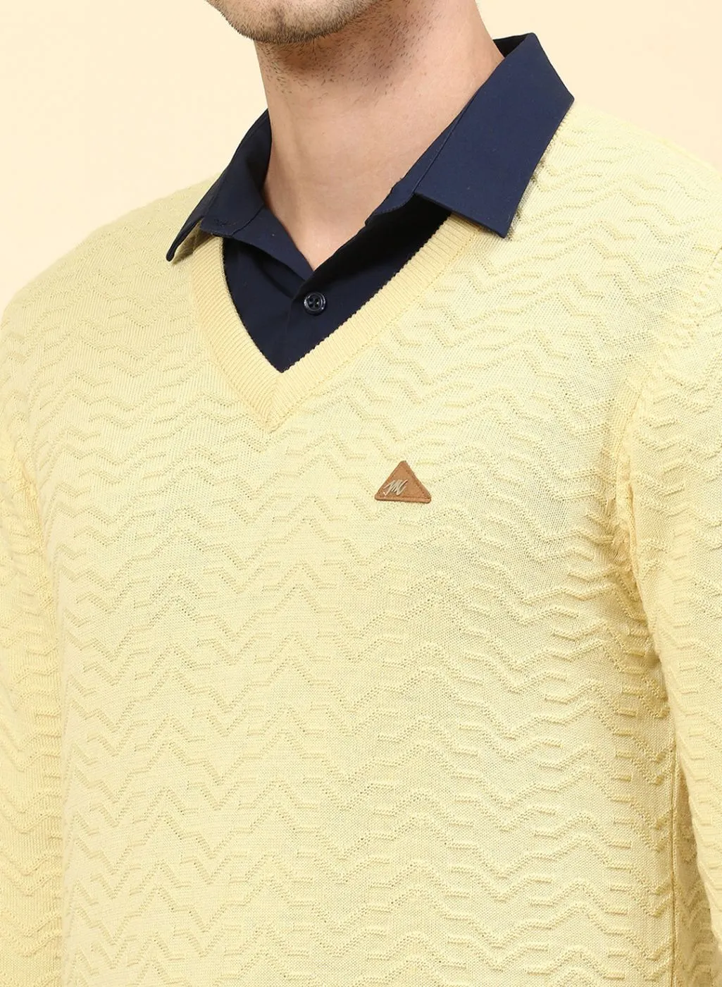 Men Yellow Self Design Pure wool Pullover