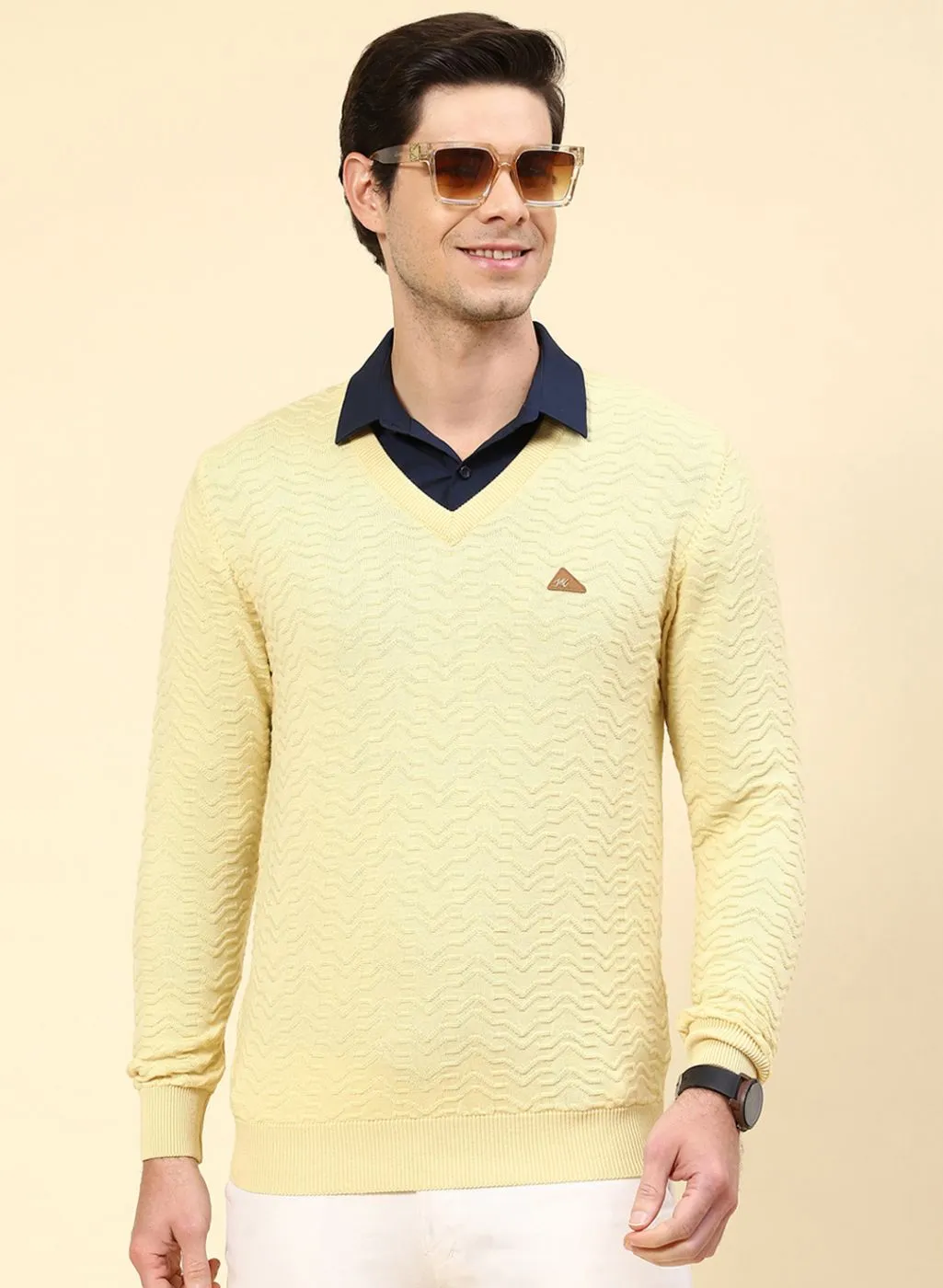 Men Yellow Self Design Pure wool Pullover