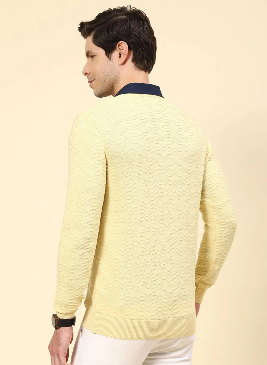 Men Yellow Self Design Pure wool Pullover