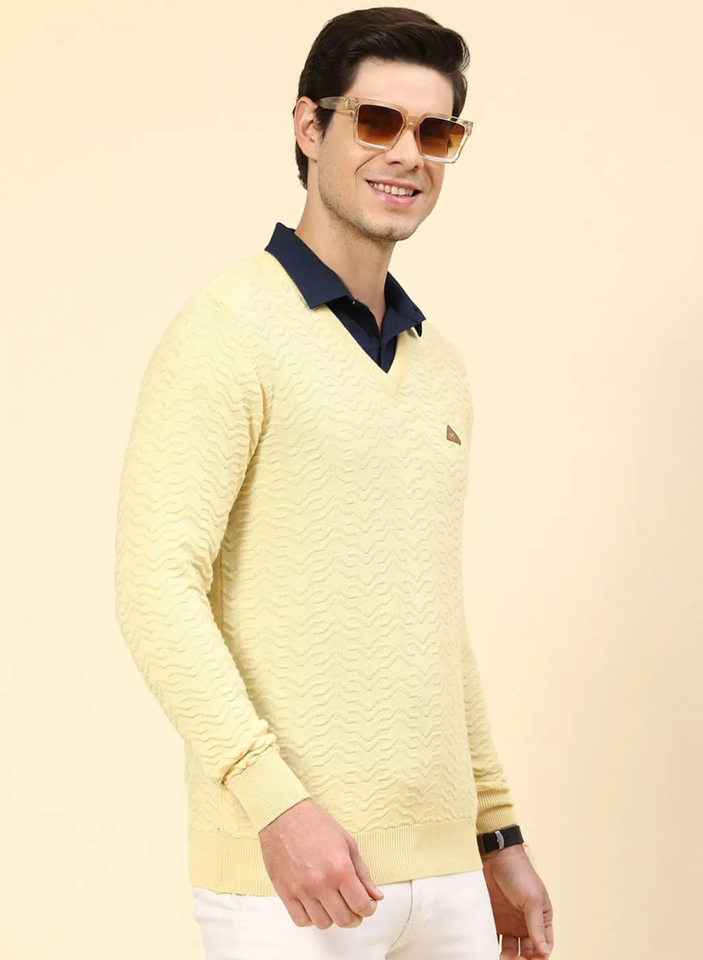 Men Yellow Self Design Pure wool Pullover