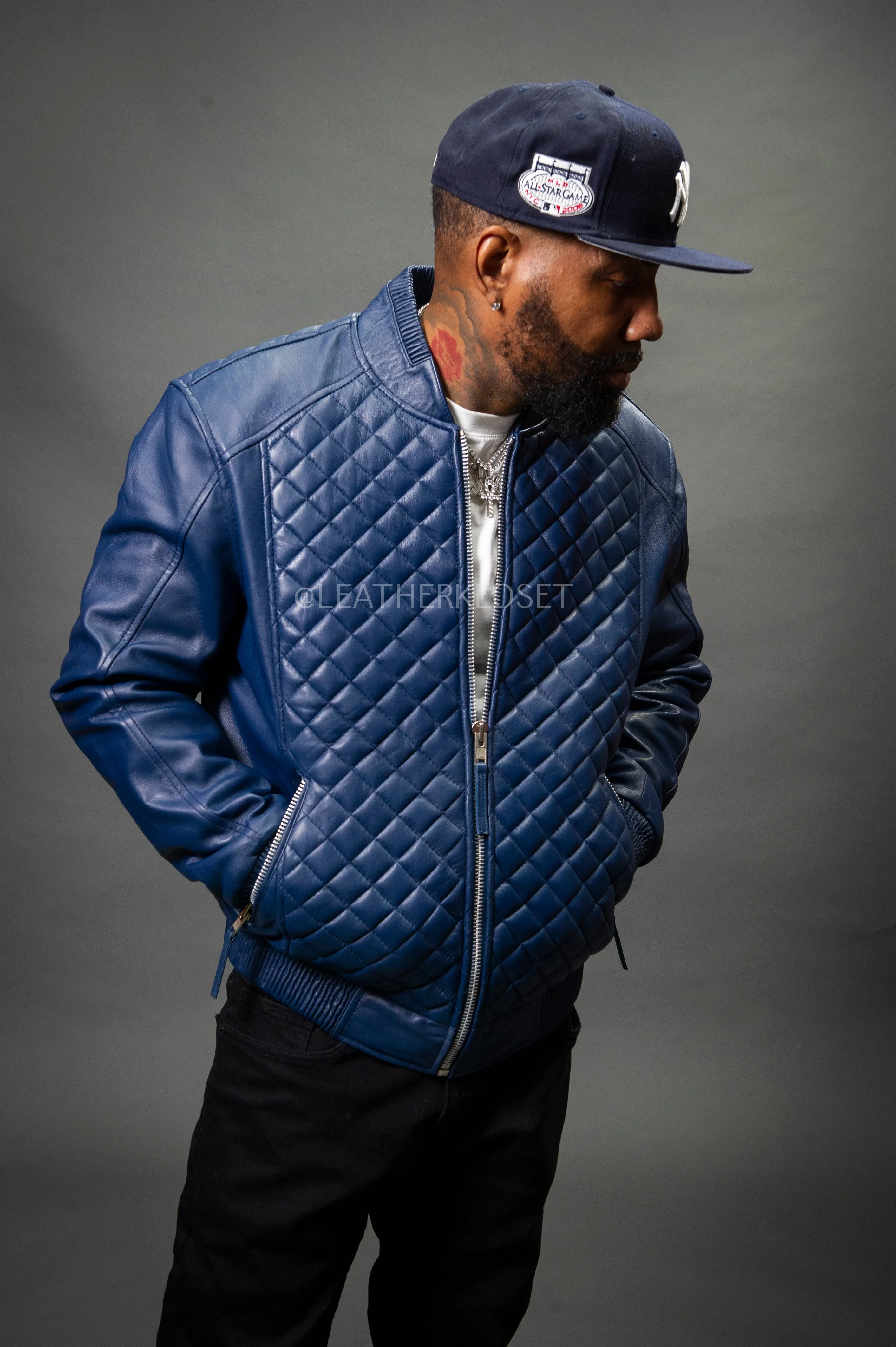 Men's Lucas Quilted Leather Bomber Jacket [Navy Blue]