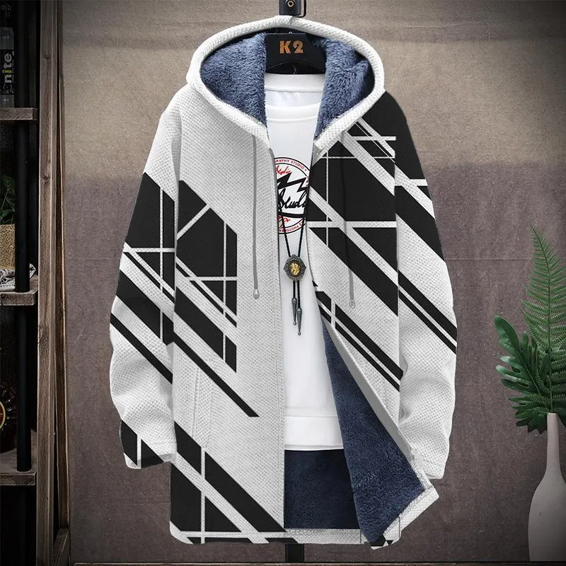 Men's Printed Hooded Two-pocket Plush Thickened Long-sleeved Cardigan Jacket 47065393L