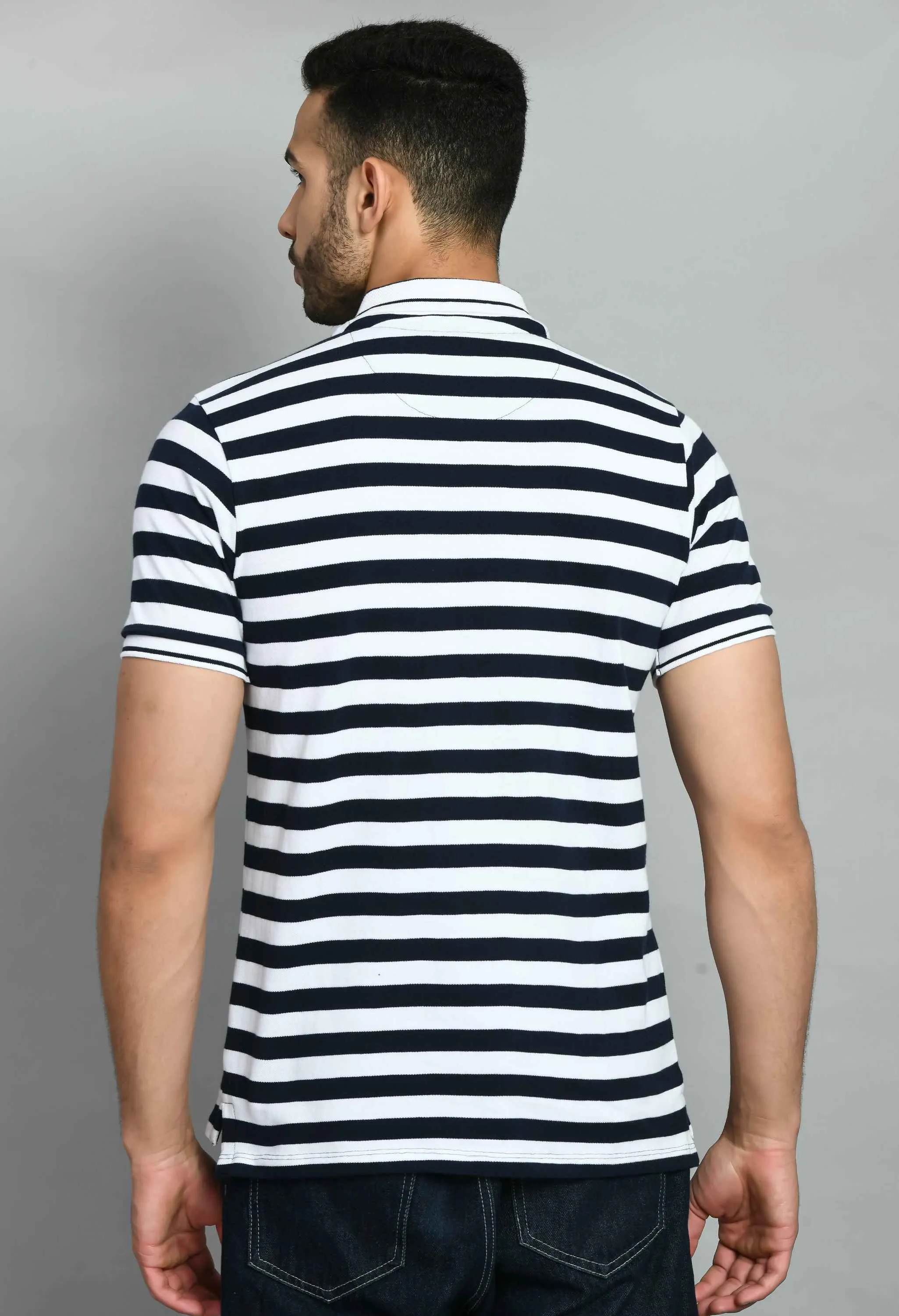 Men's Striped White Navy Smart Fit Polo T-Shirt