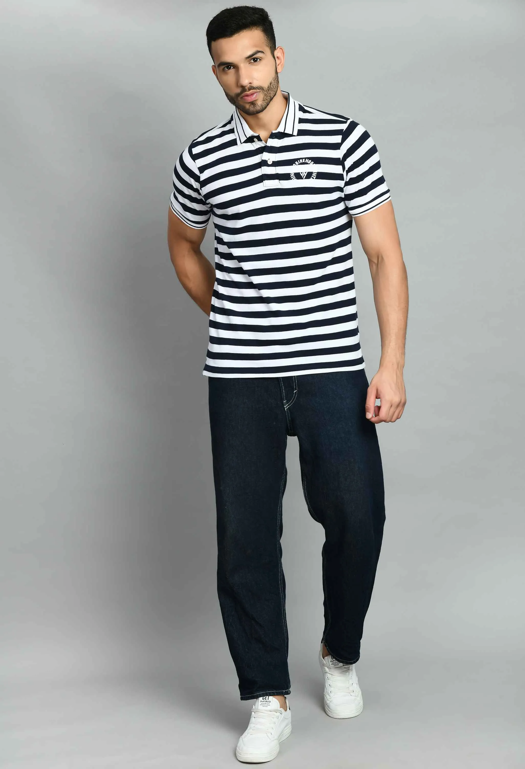 Men's Striped White Navy Smart Fit Polo T-Shirt