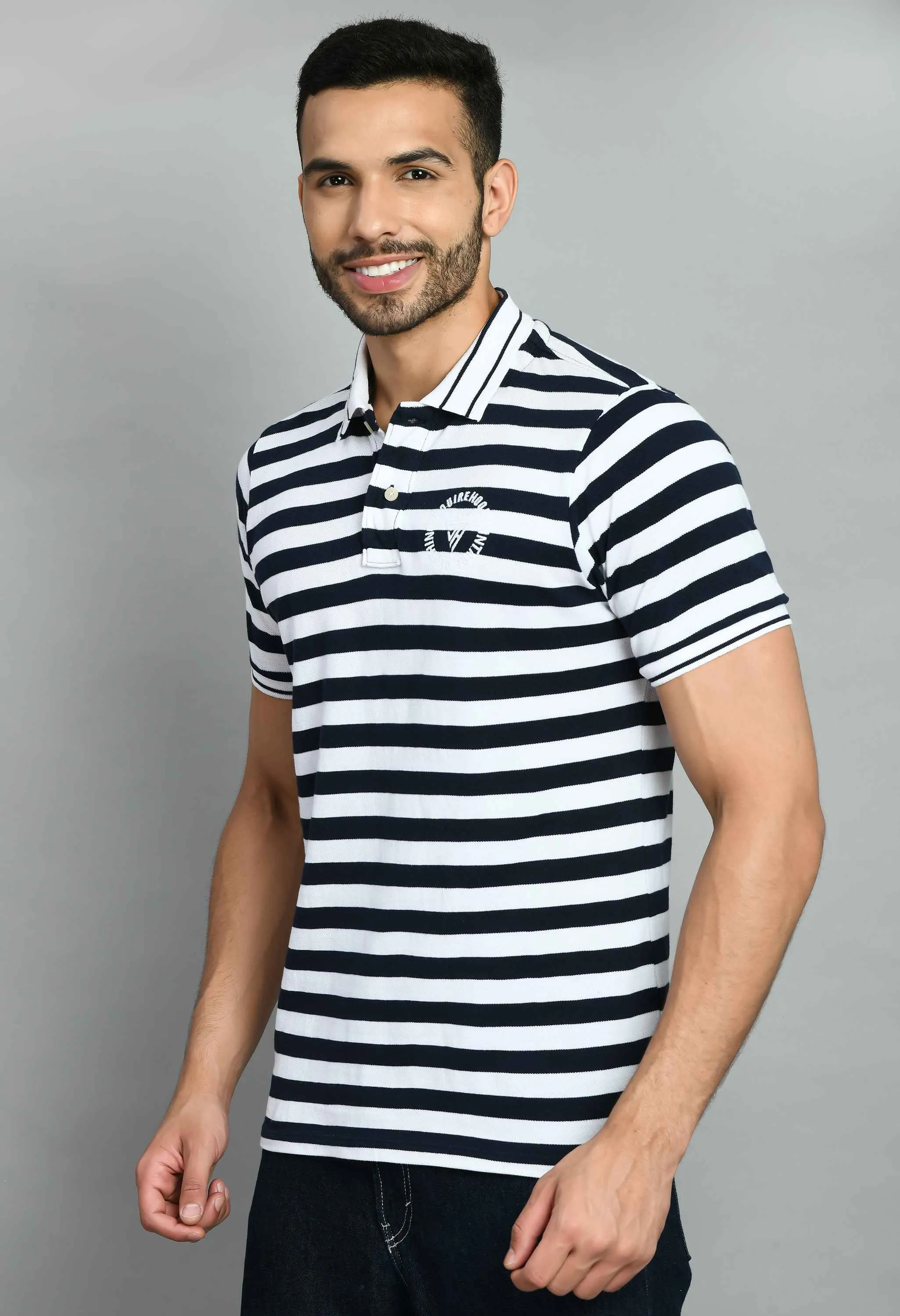 Men's Striped White Navy Smart Fit Polo T-Shirt