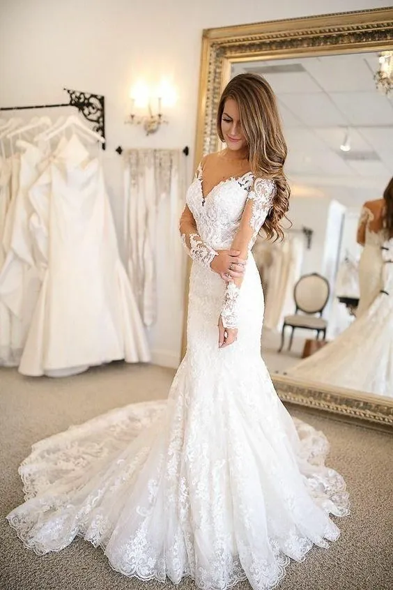 Mermaid Off Shoulder Long Sleeve Lace Wedding Dress