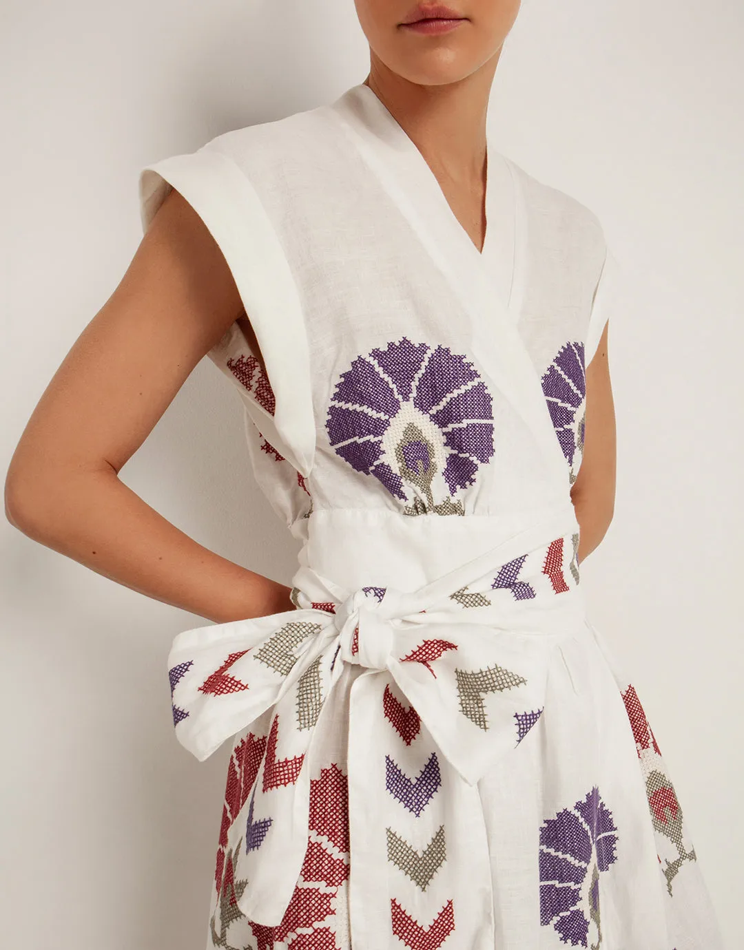 Mini Peacocks Wrap Midi Dress - White and Purple