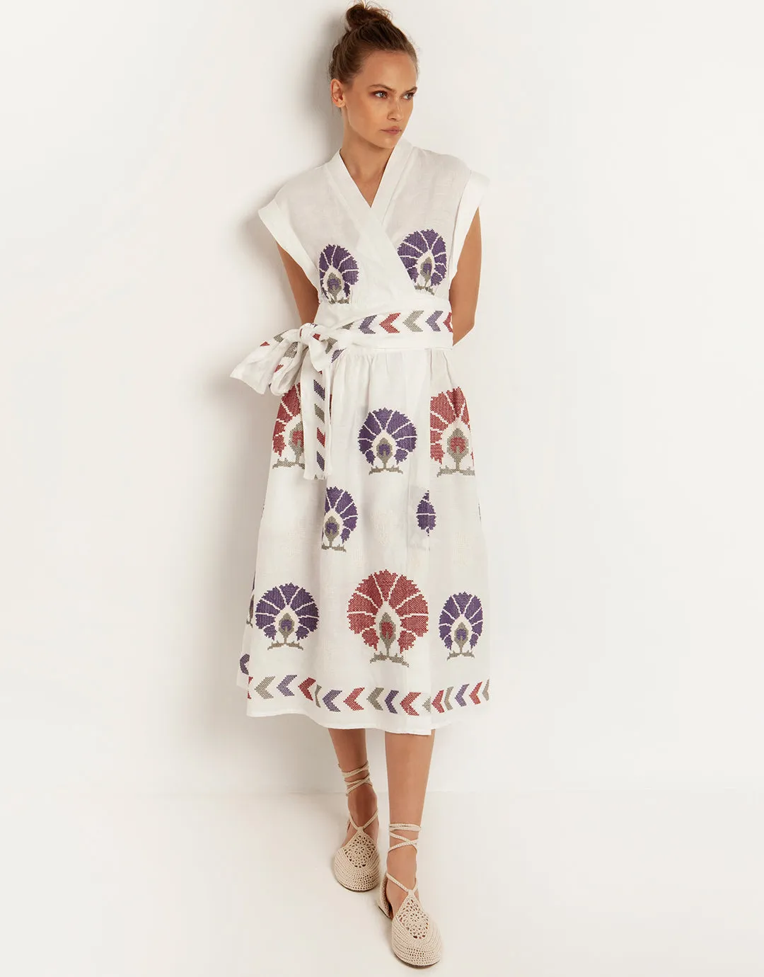 Mini Peacocks Wrap Midi Dress - White and Purple