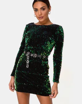 MOTEL DELUXE Gabby Sequin Plunge Back Dress in Iridescent Green