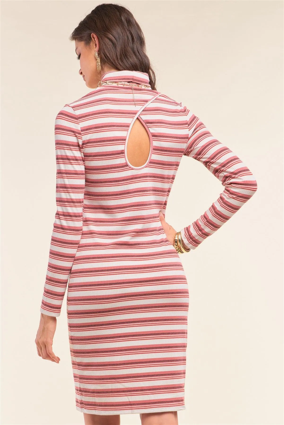 Multicolor Striped Print Long Sleeve Kimono Turtleneck Cut Out Back Detail Midi Dress /1-2-1