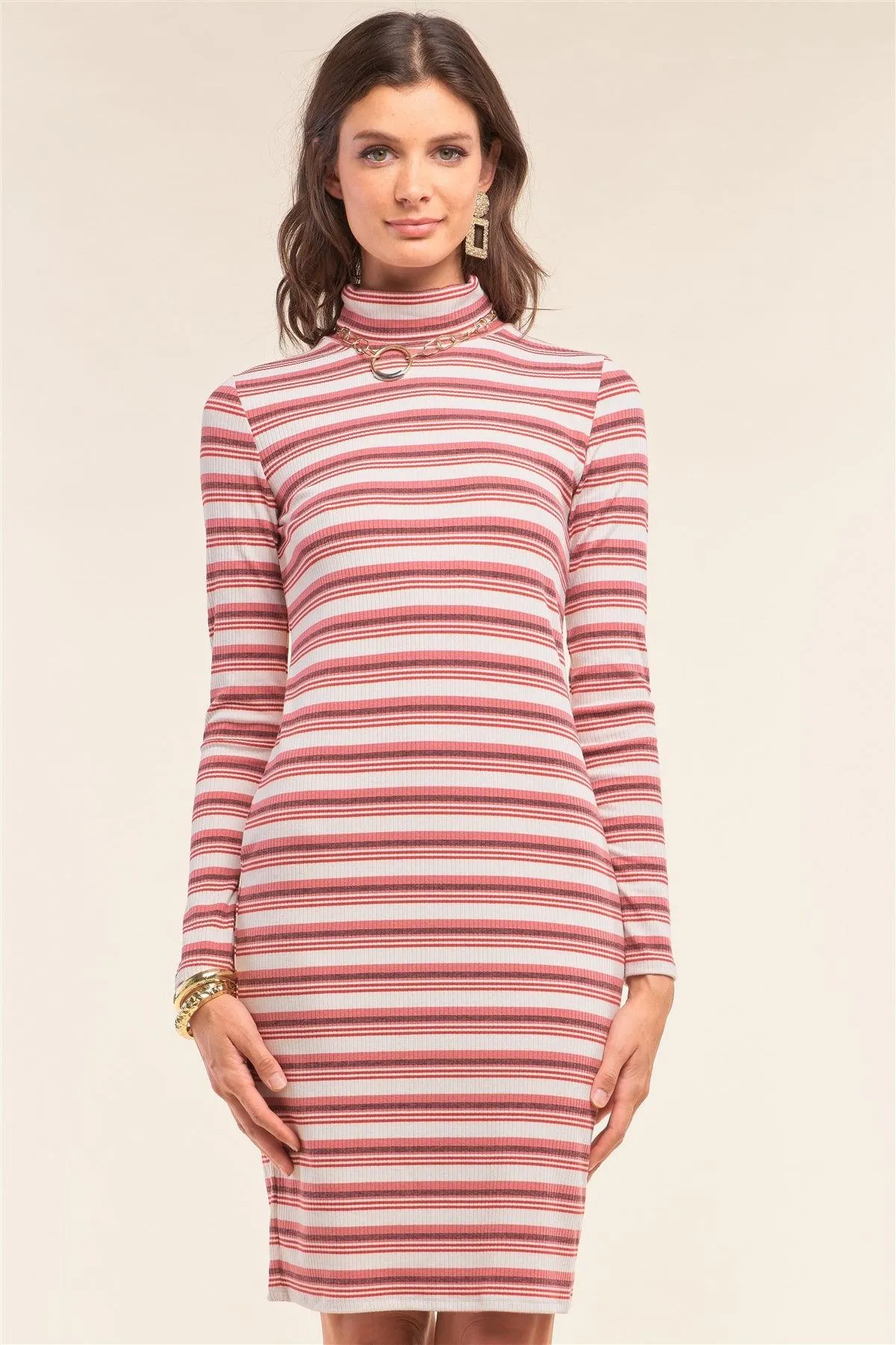 Multicolor Striped Print Long Sleeve Kimono Turtleneck Cut Out Back Detail Midi Dress /1-2-1