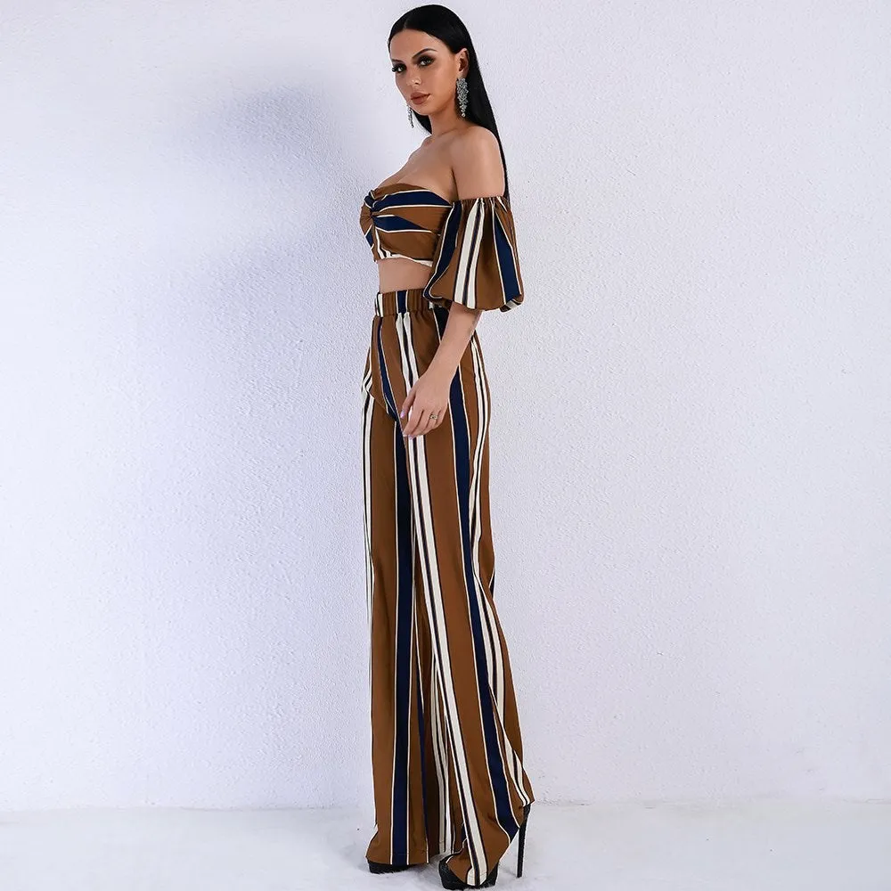 New suit female tube top puff sleeves   striped straight pants