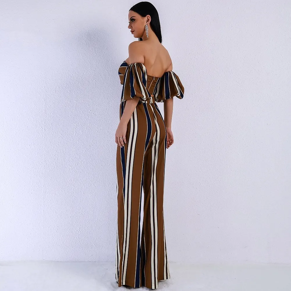 New suit female tube top puff sleeves   striped straight pants