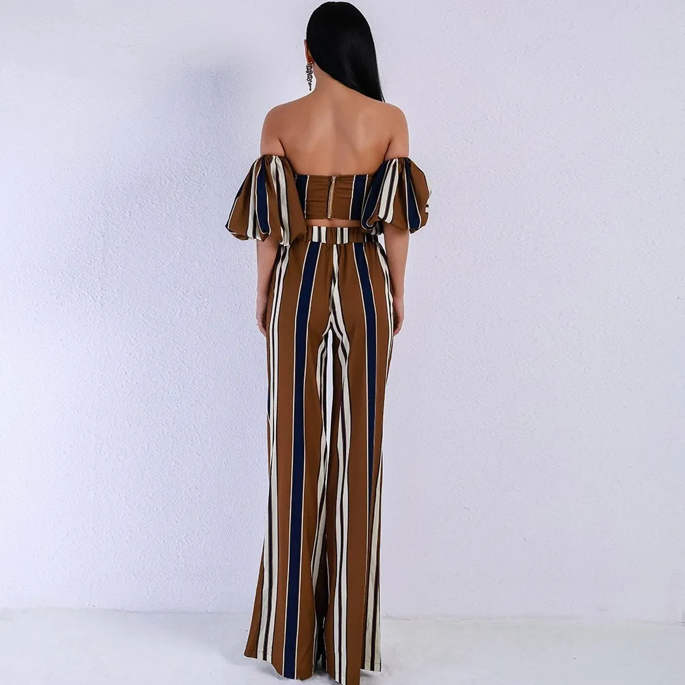 New suit female tube top puff sleeves   striped straight pants