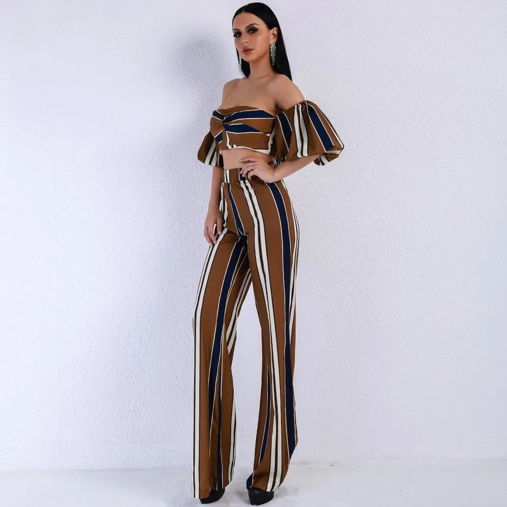 New suit female tube top puff sleeves   striped straight pants