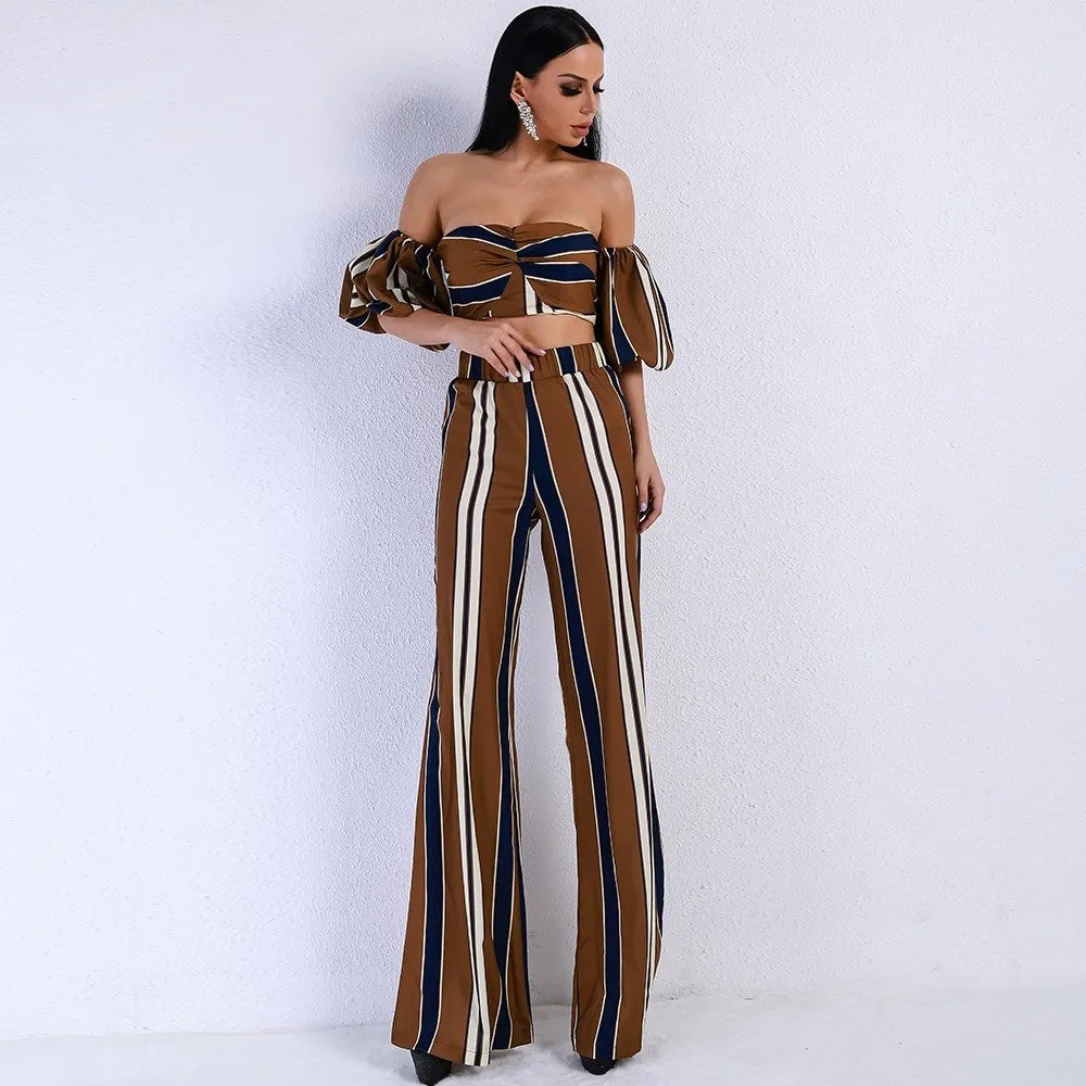 New suit female tube top puff sleeves   striped straight pants