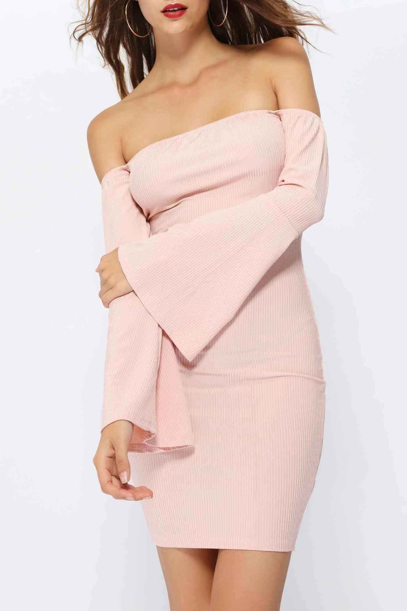 Nude Off Shoulder Flute Sleeve Bodycon Dress