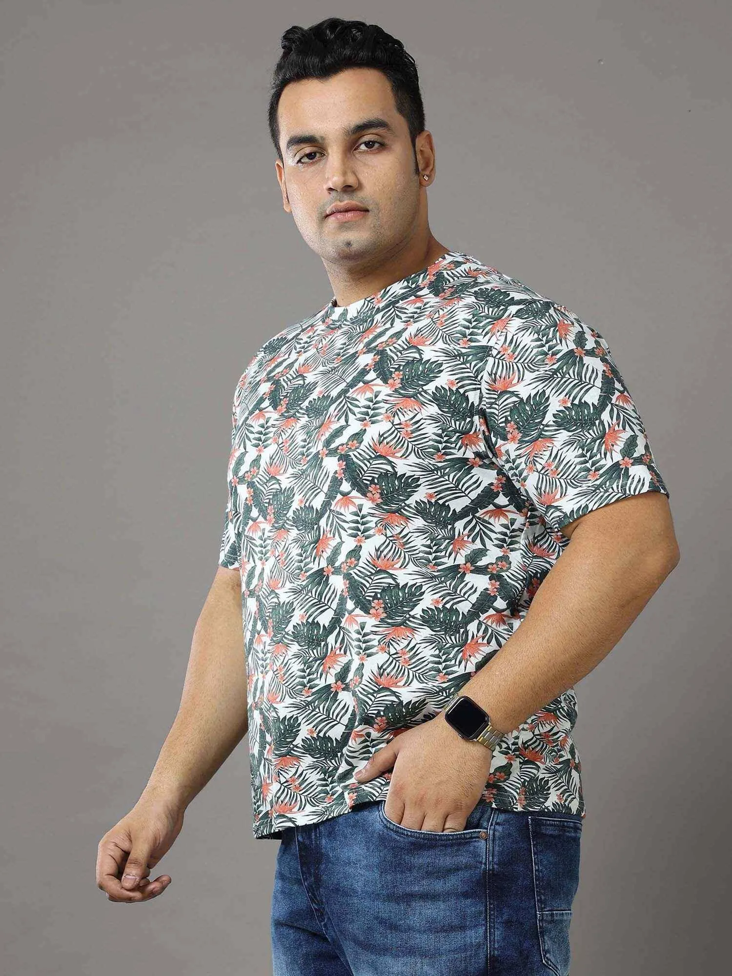 OAK Leaf Green Digital Printed Round Neck T-Shirt Men's Plus Size