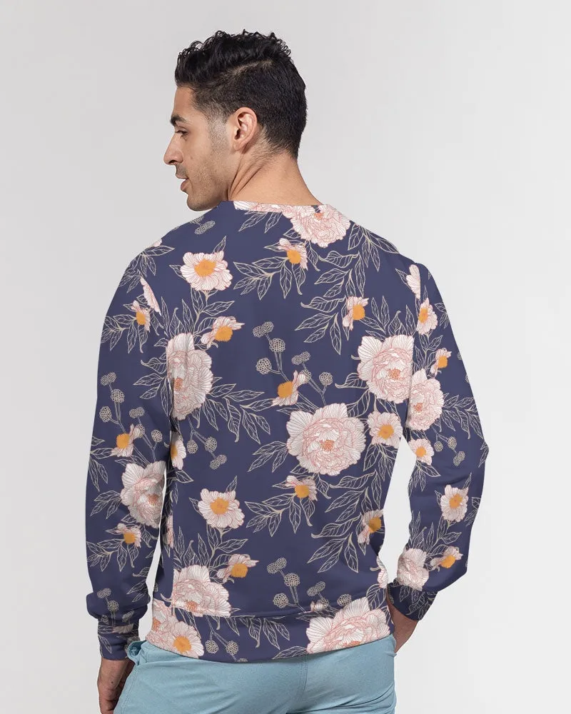 Orange Peonies Floral Orient Blue Men's French Terry Pullover Sweatshirt