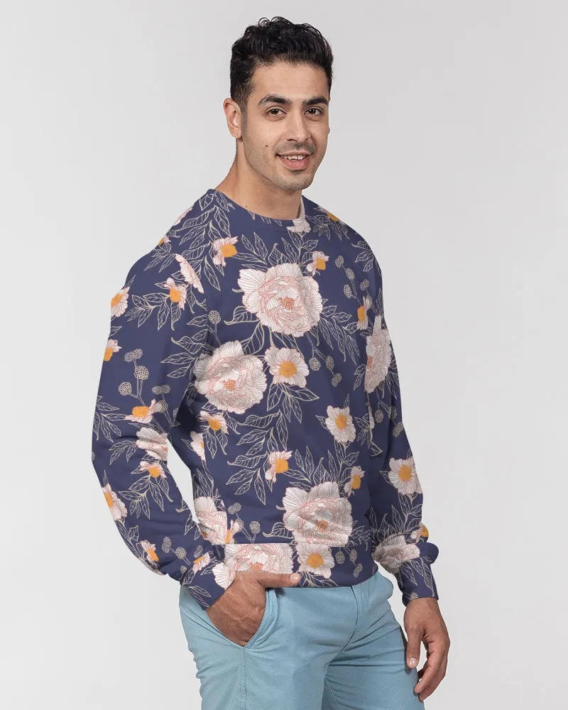 Orange Peonies Floral Orient Blue Men's French Terry Pullover Sweatshirt