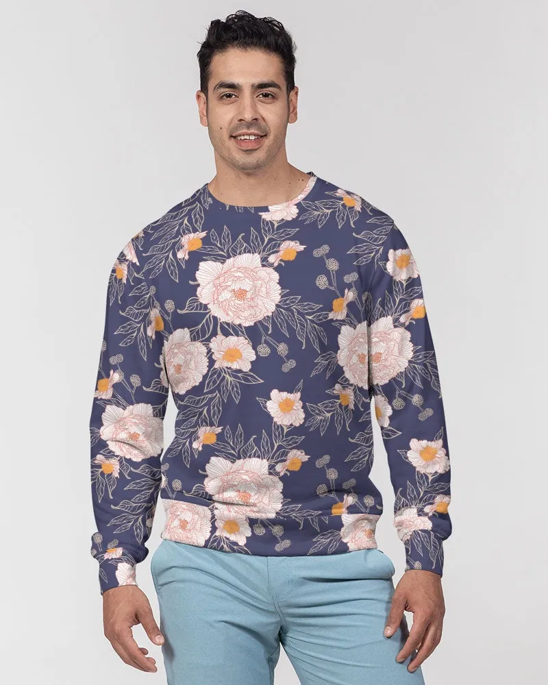 Orange Peonies Floral Orient Blue Men's French Terry Pullover Sweatshirt