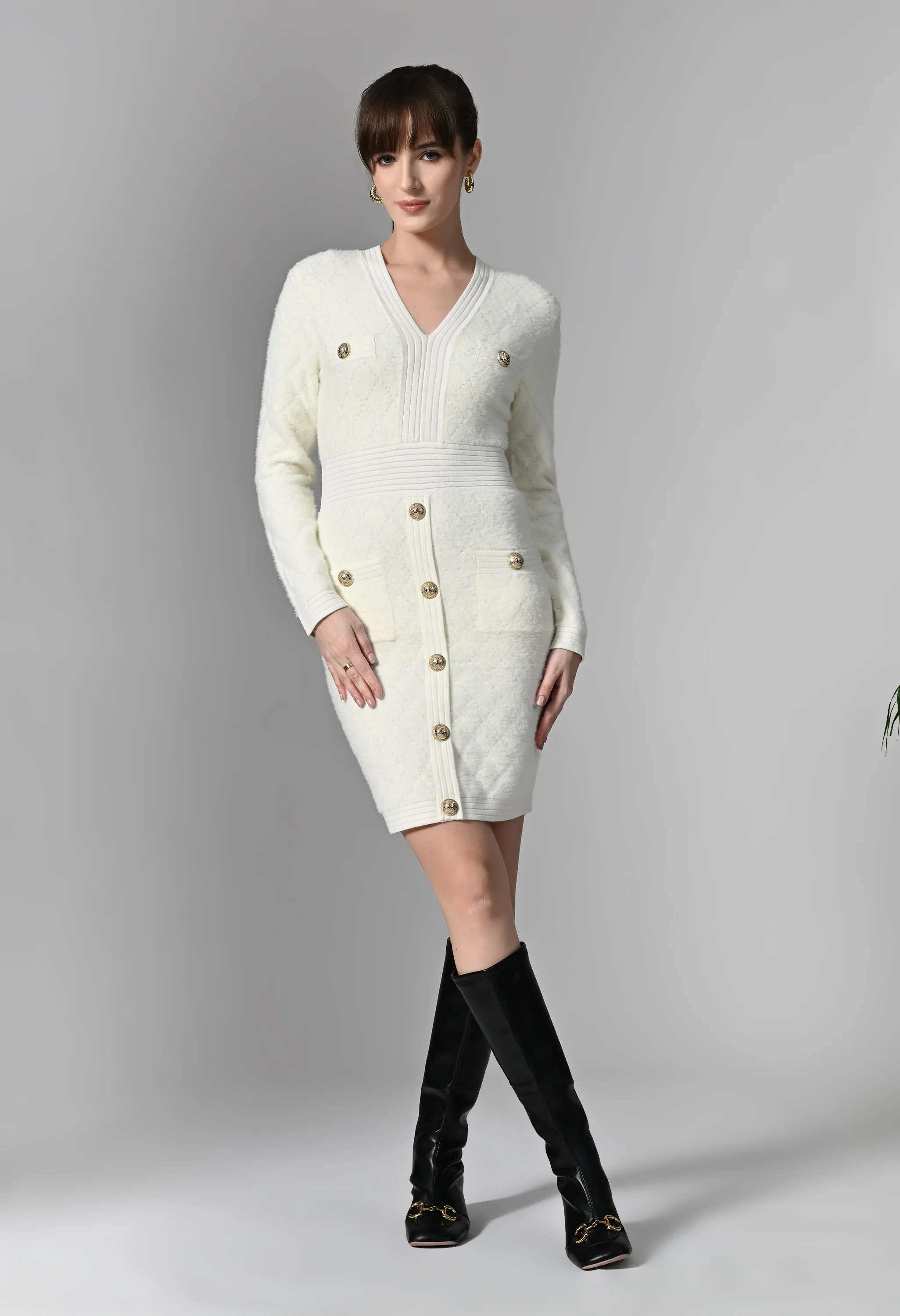 Pankh Zyaga Short knitted Bodycon dress with gold buttons