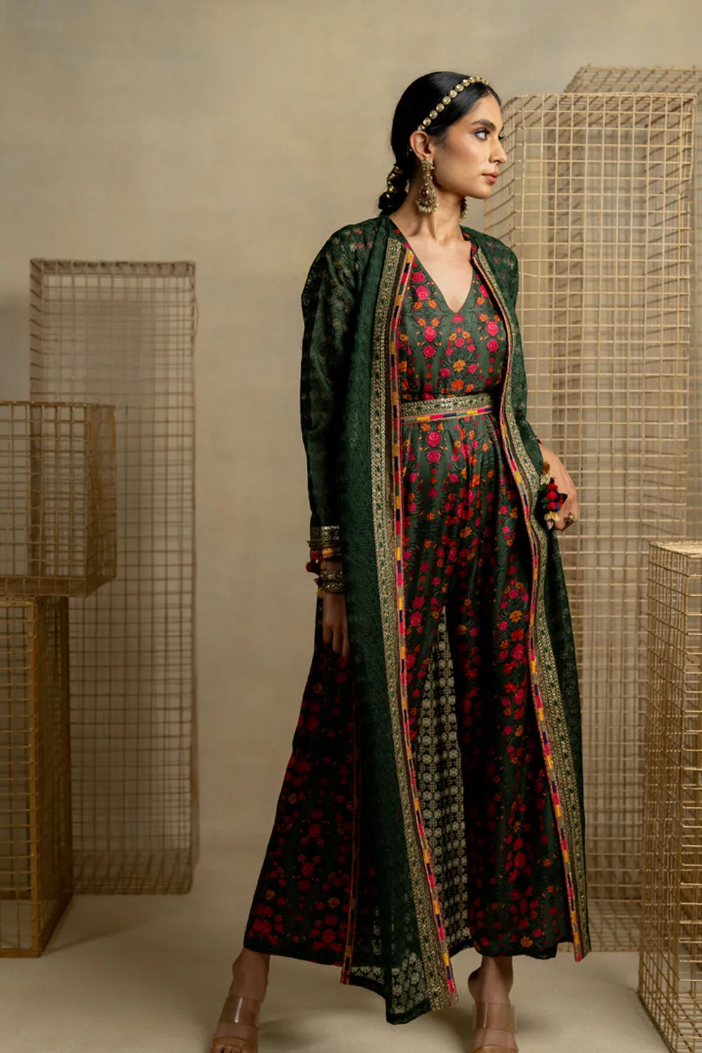 Phulvari Mehndi Jumpsuit With Embroidered Organza Jacket And Belt