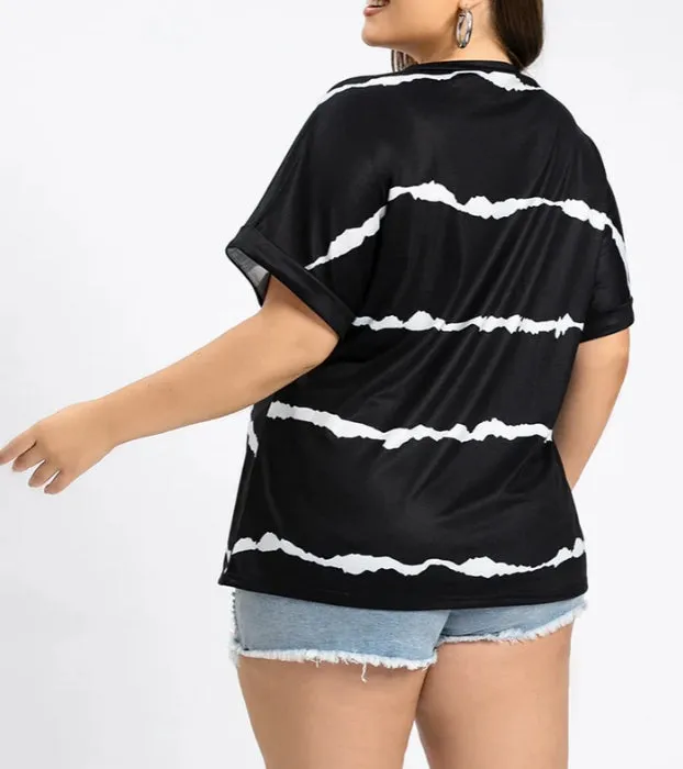 Plus Size Striped V-Neck Cuffed Sleeve Tee