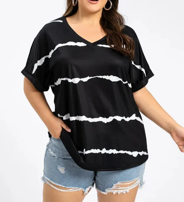 Plus Size Striped V-Neck Cuffed Sleeve Tee