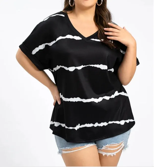 Plus Size Striped V-Neck Cuffed Sleeve Tee