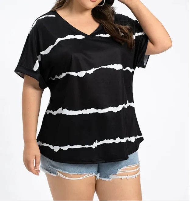 Plus Size Striped V-Neck Cuffed Sleeve Tee