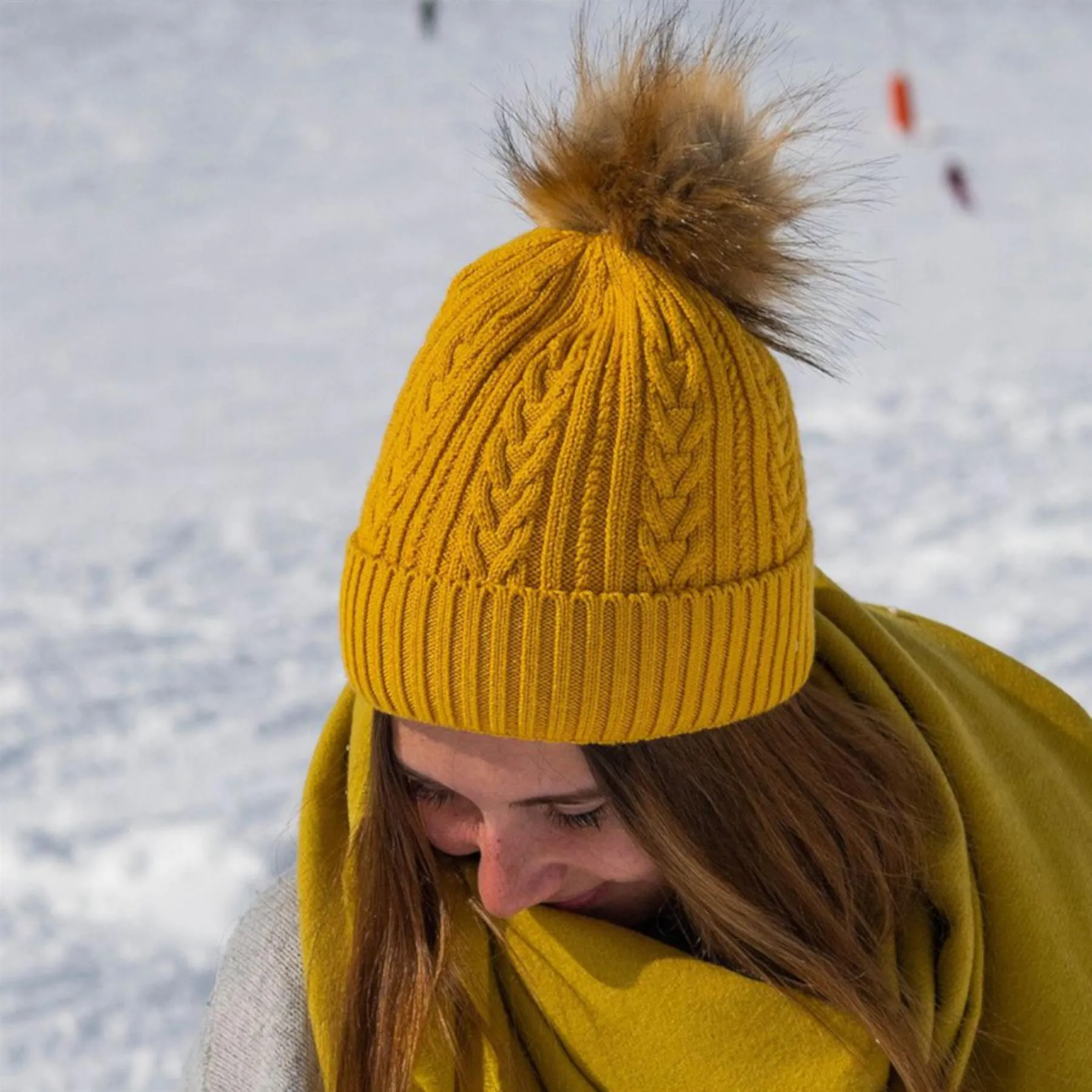 POM Cable Knit Faux Fur Bobble Hat | Mustard