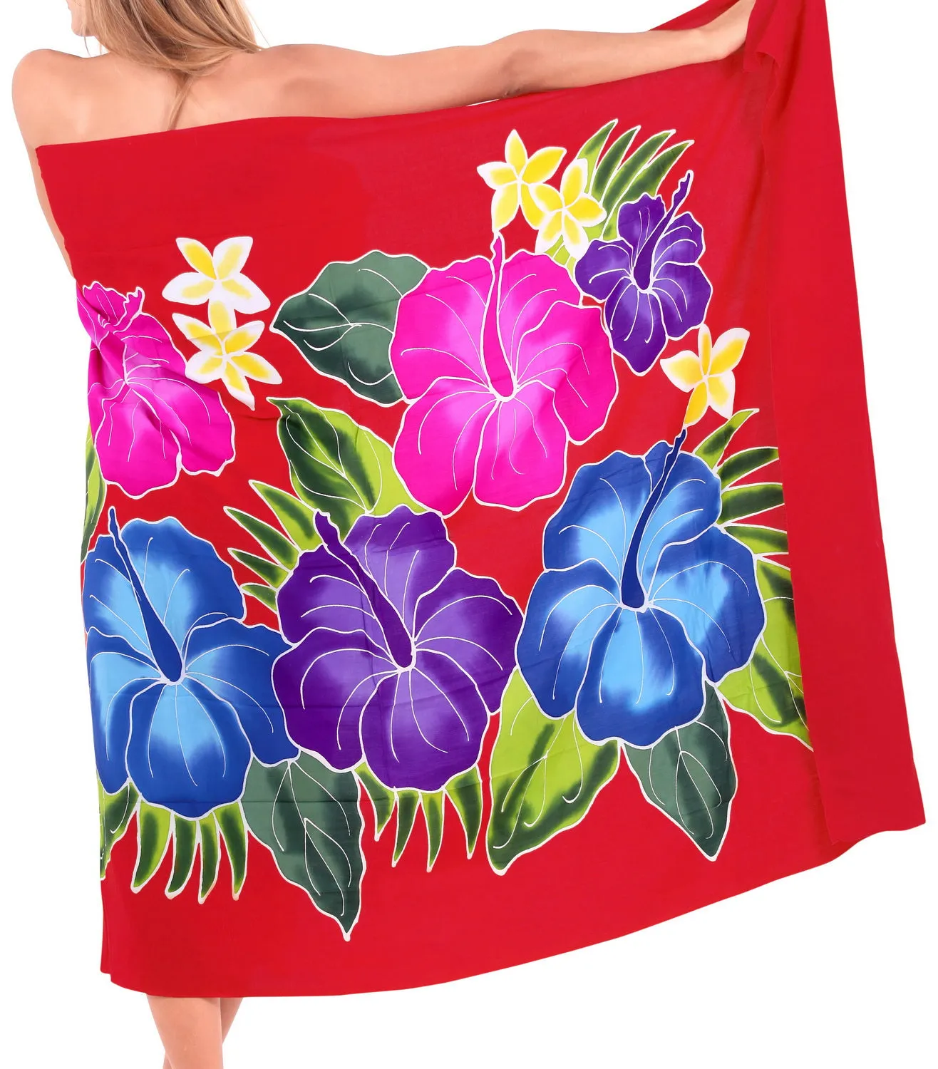 Red Non-Sheer Hand Painted Multicolor Hibiscus Floral and Leaves Beach Wrap For Women