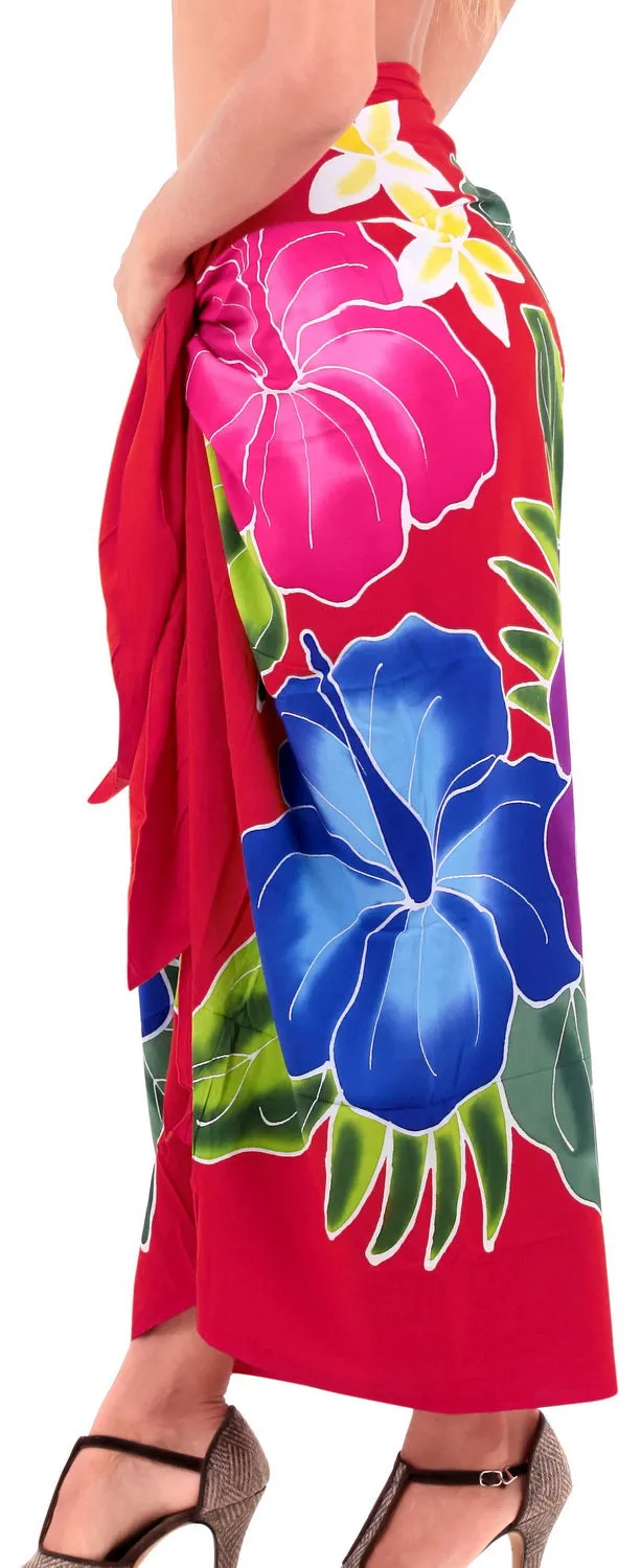 Red Non-Sheer Hand Painted Multicolor Hibiscus Floral and Leaves Beach Wrap For Women