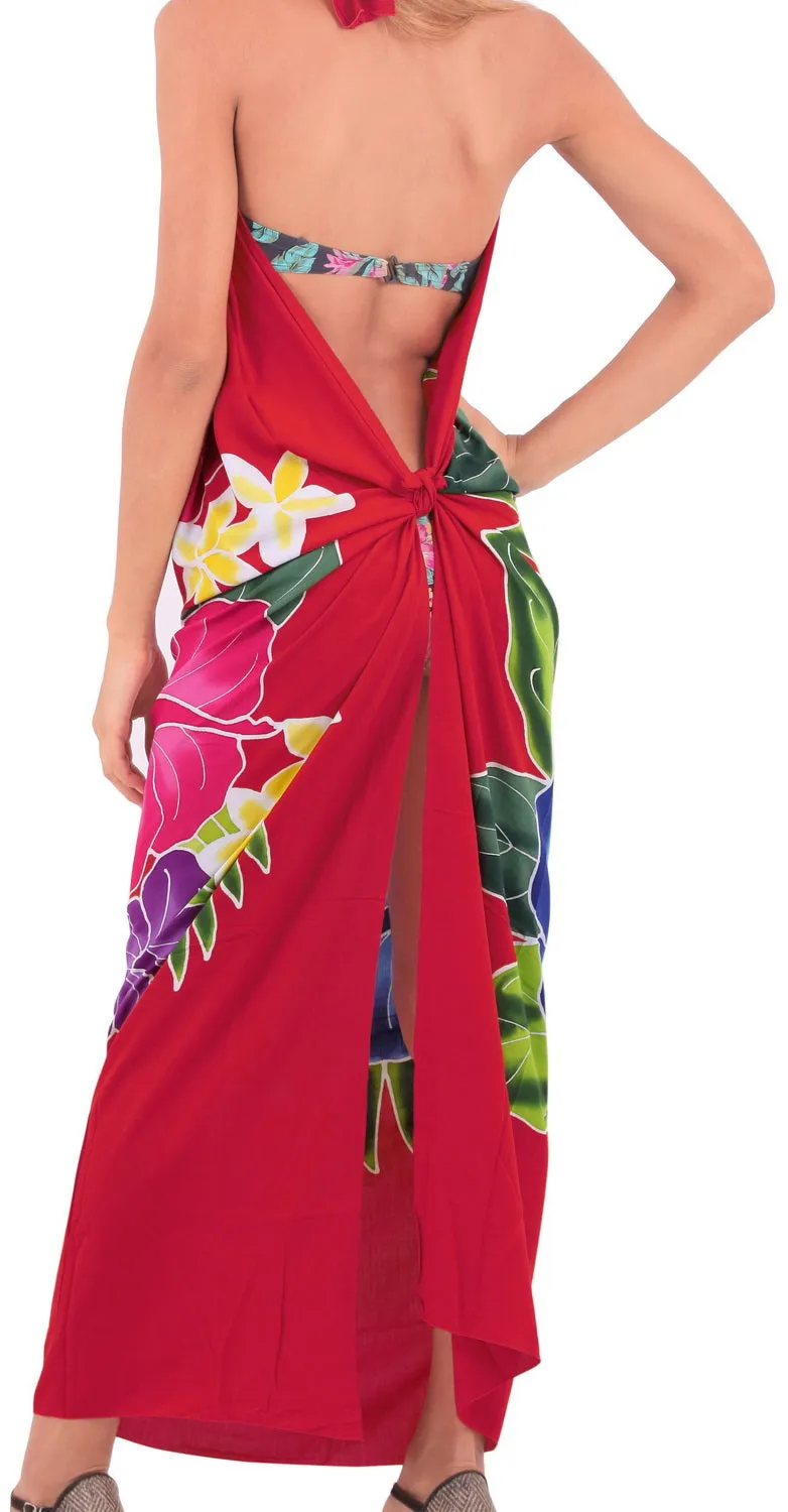 Red Non-Sheer Hand Painted Multicolor Hibiscus Floral and Leaves Beach Wrap For Women