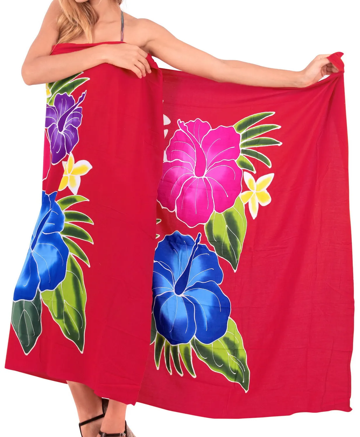 Red Non-Sheer Hand Painted Multicolor Hibiscus Floral and Leaves Beach Wrap For Women