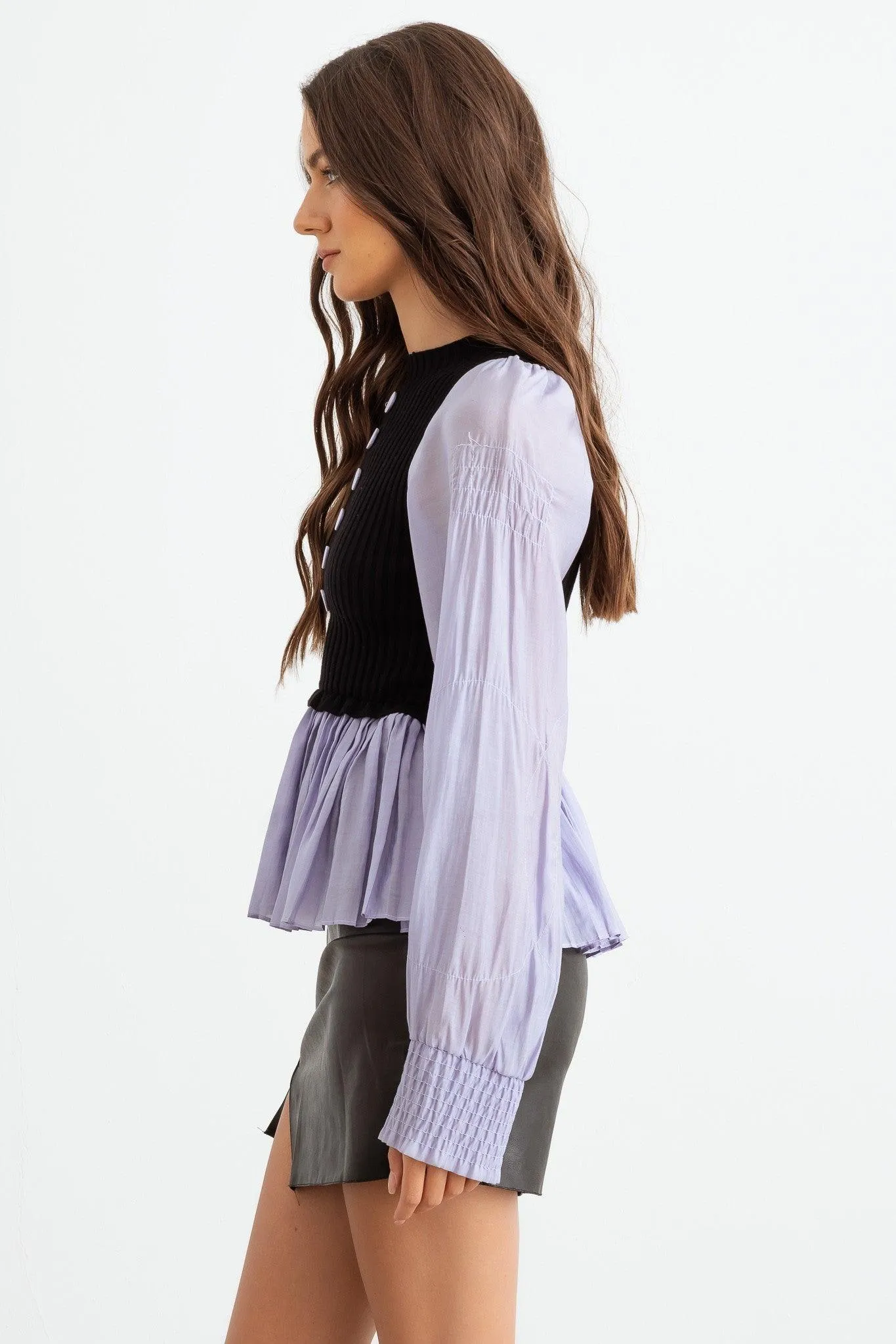 Ribbed Bodice Button-Up Pleated Hem Knit Shirt