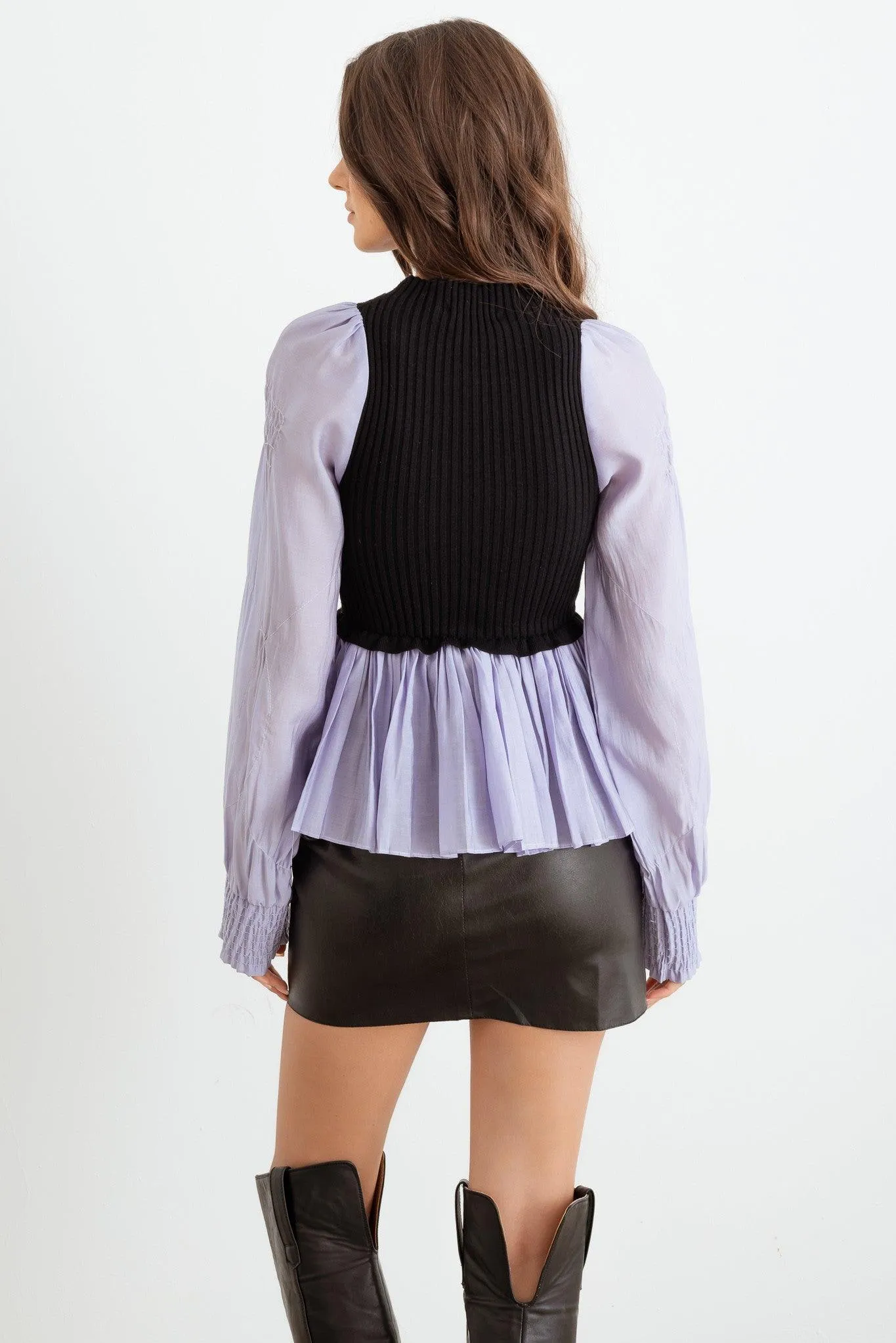 Ribbed Bodice Button-Up Pleated Hem Knit Shirt