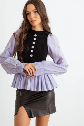 Ribbed Bodice Button-Up Pleated Hem Knit Shirt