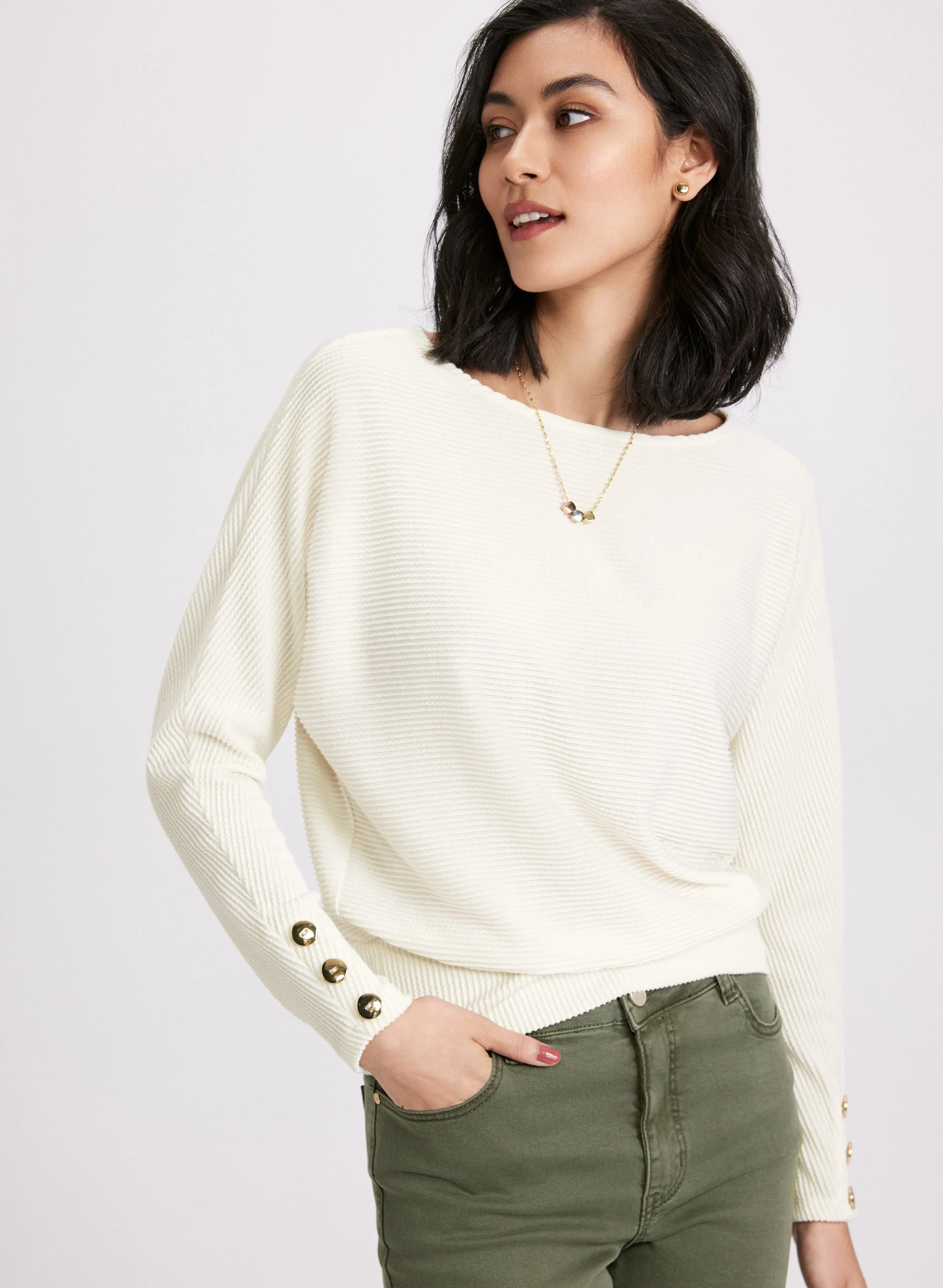 Ribbed Knit Button Cuff Top