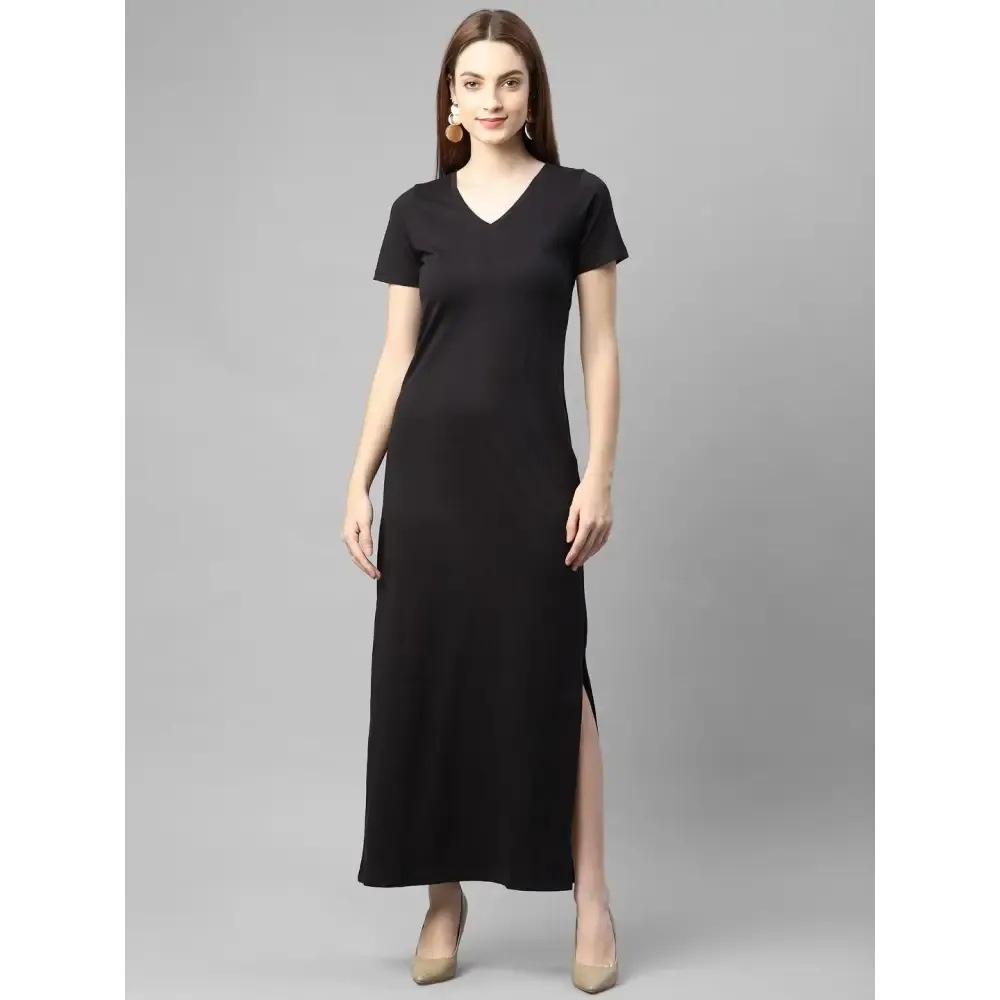 Rigo Women Black Half Sleeve V- Neck Cotton Maxi Dress