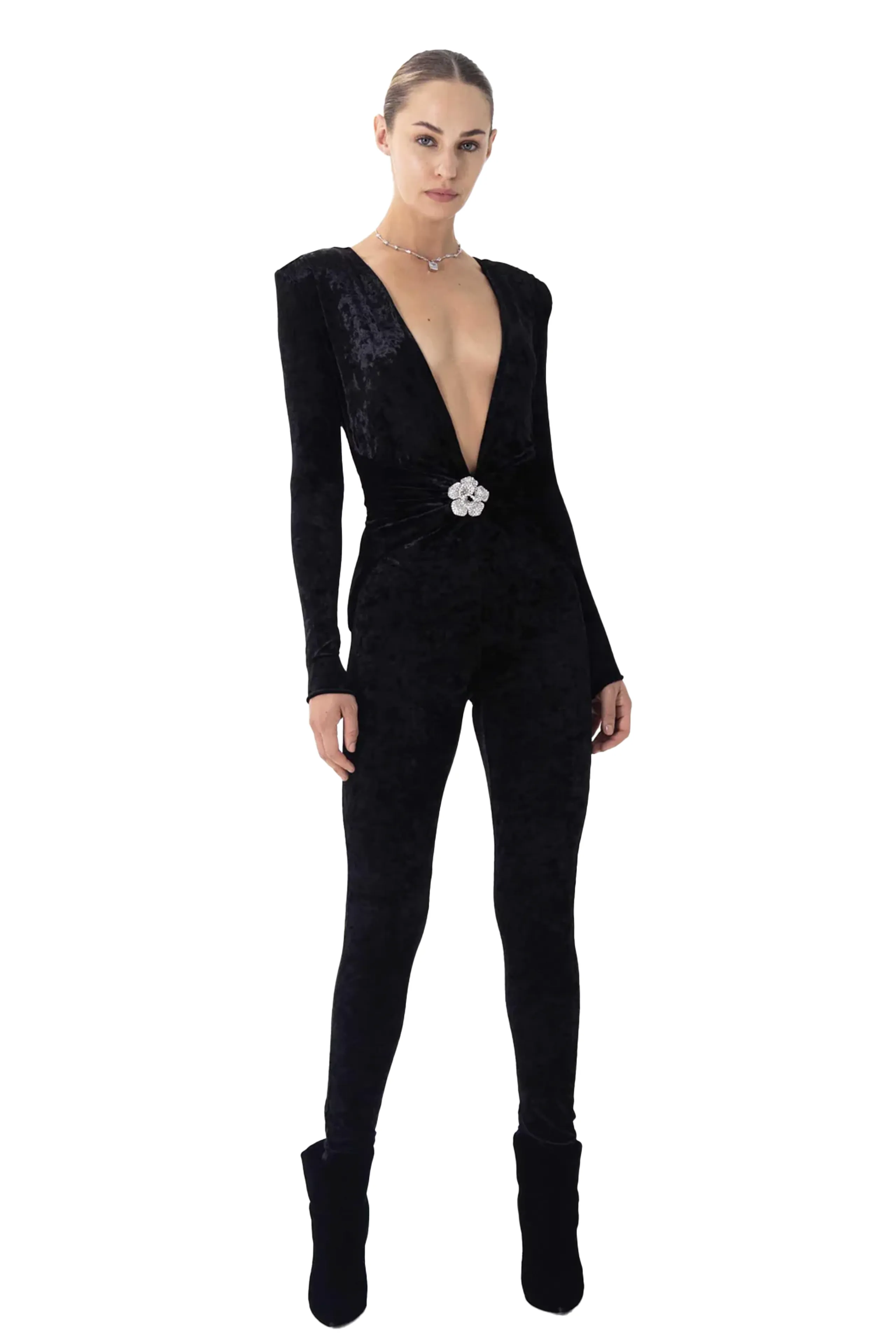 RONNY KOBO RHOADES JUMPSUIT WITH CRYSTAL BROOCH DETAIL