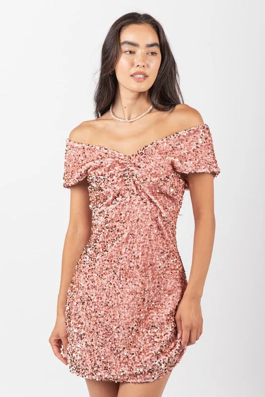 Rose Gold Off Shoulder Fitted Sequin Bodycon Mini Dress