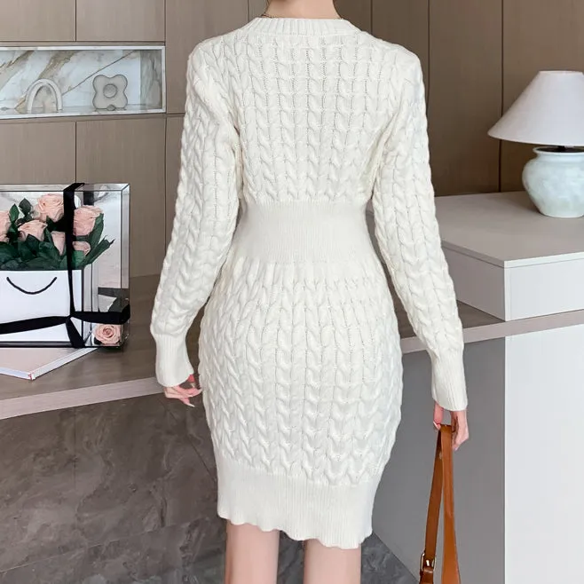 Round Neck Linen Sweater Hip-Covering Knitted Dress